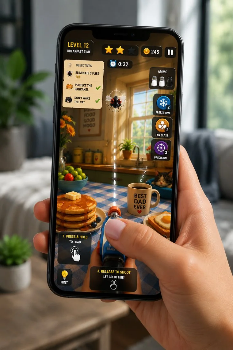 Buzz Kill gameplay on phone held with thumb on screen